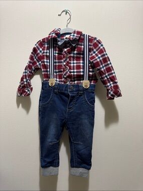 Cat & Jack Red Plaid Button-Down Shirt with Blue Jeans and Suspenders